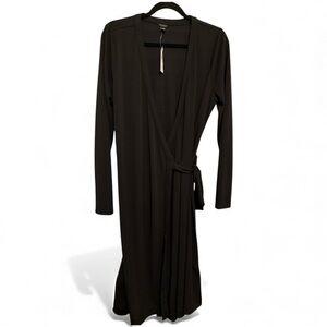NWT Ann Taylor Side Wrap Tie‎ Robe Black with Long Sleeve Size 14 Midi Length
